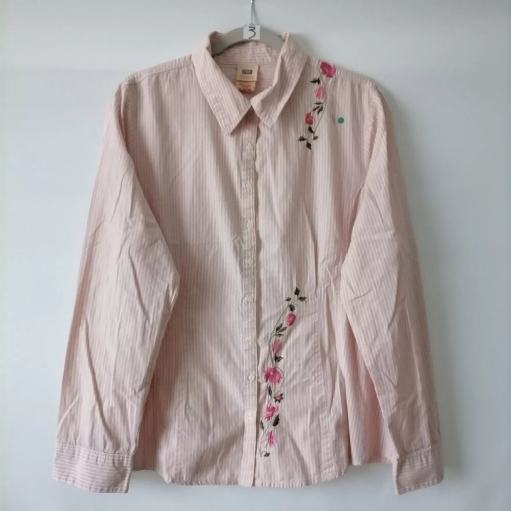 Faded Glory Originals Women's Pink Floral Embroidered Button-Up Shirt Size XL
